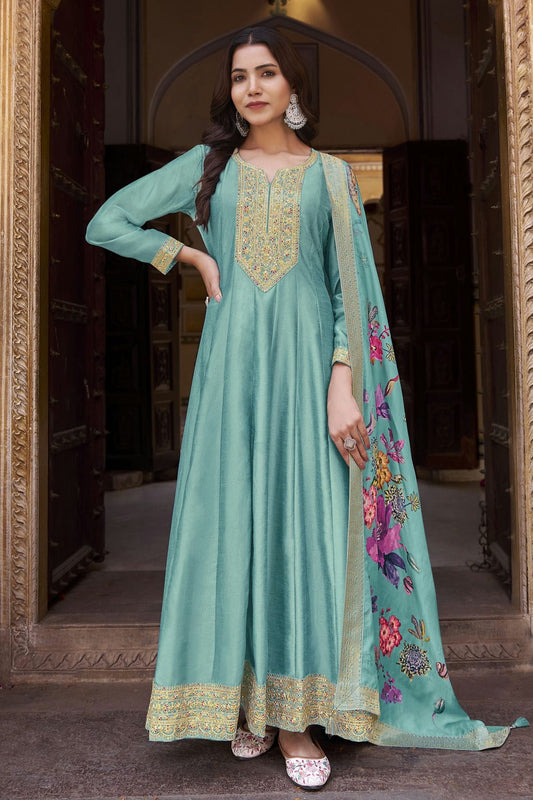 Aqua Blue Colour Semi Stitched Silk Anarkali Suit