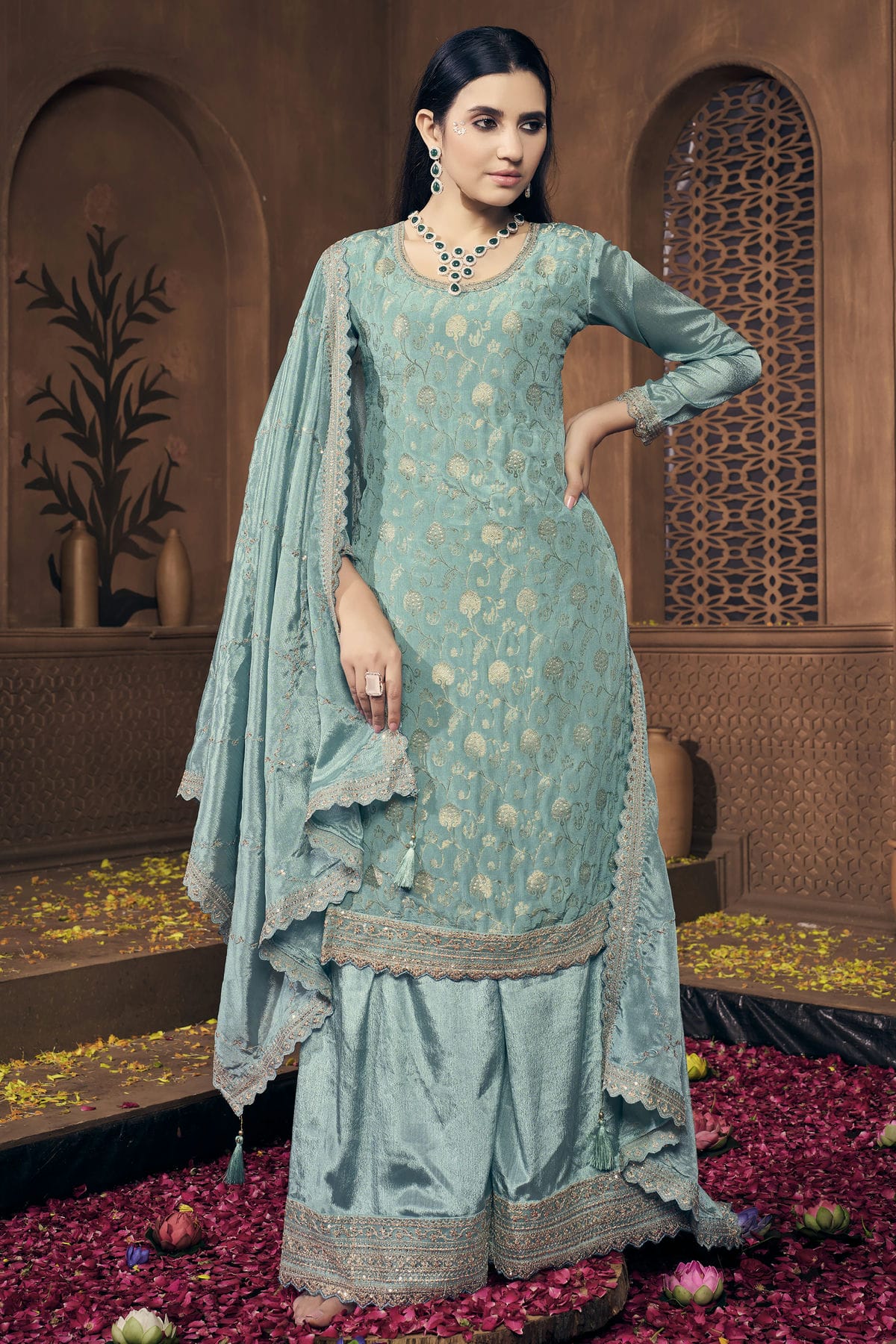 Aqua Blue Colour Semi Stitched Viscose Chinon Palazzo Pant Suit