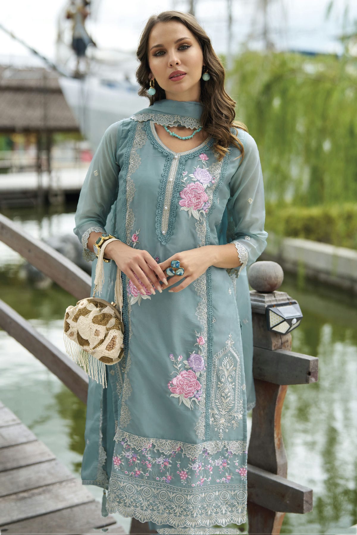 Aqua Blue Colour Soft Organza Readymade Pakistani Suit