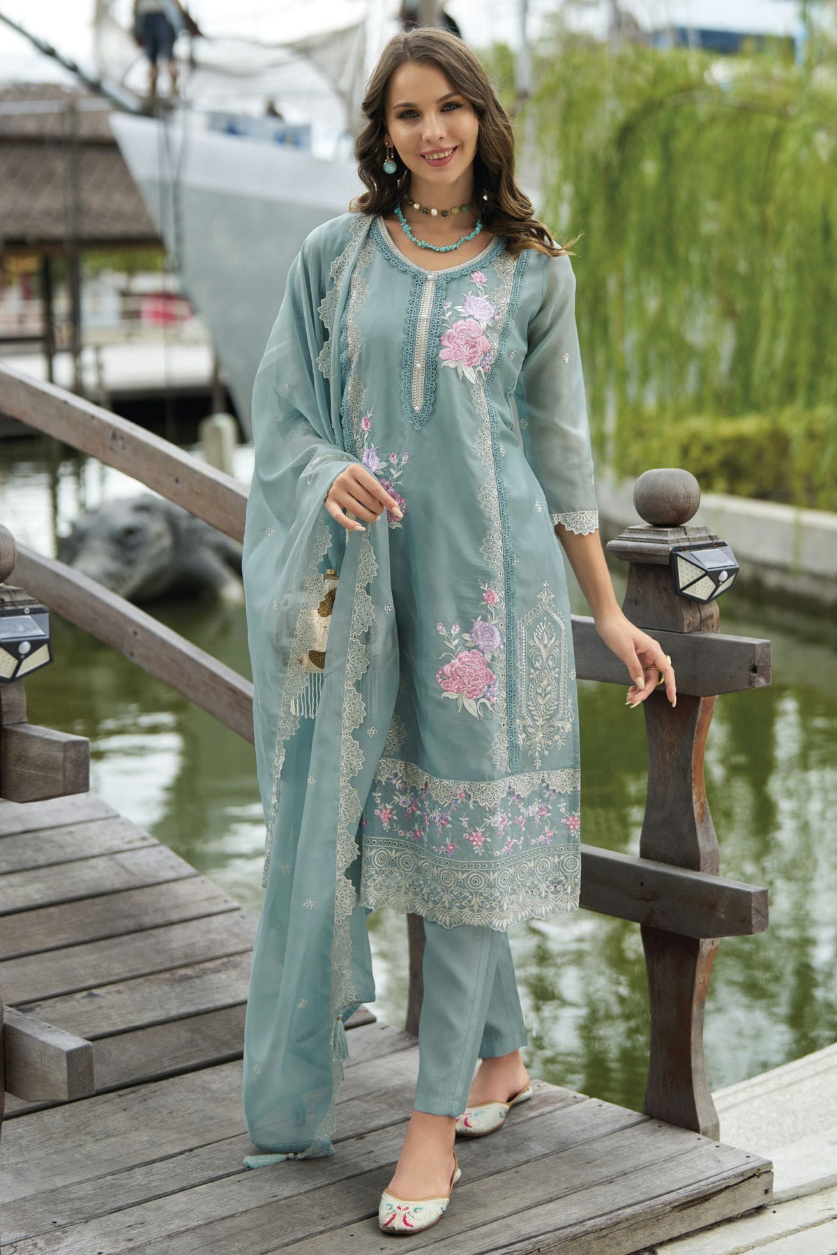 Aqua Blue Colour Soft Organza Readymade Pakistani Suit