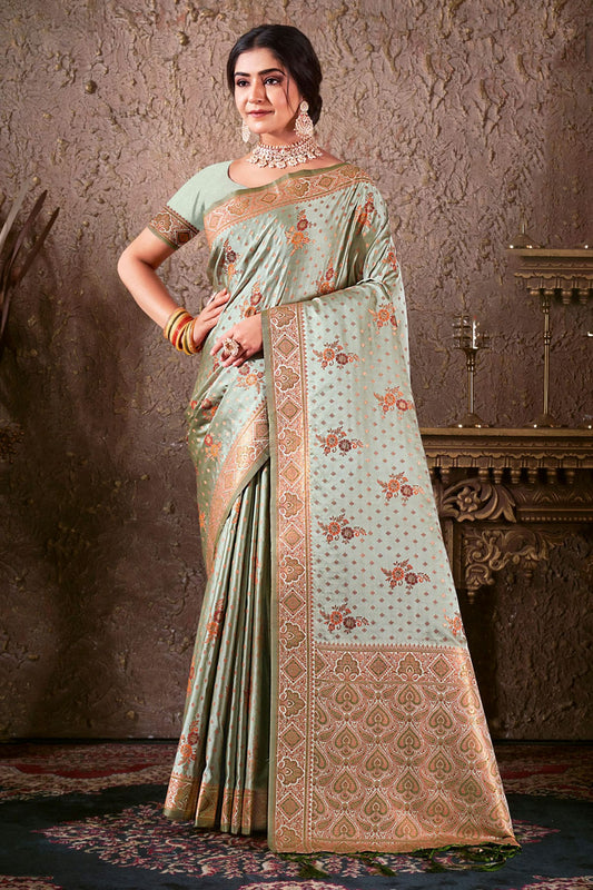 Aqua Blue Colour Woven Work Silk Saree