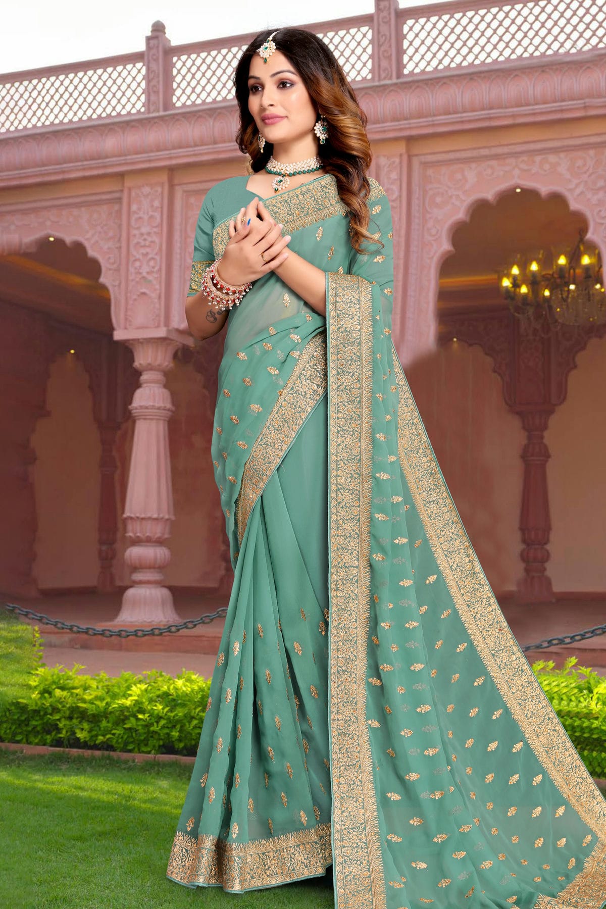 Aqua Blue Colour Georgette Saree