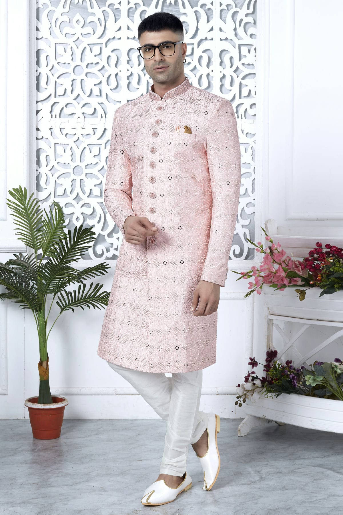 Baby Pink Colour Art Silk Sherwani With Churidar Pant