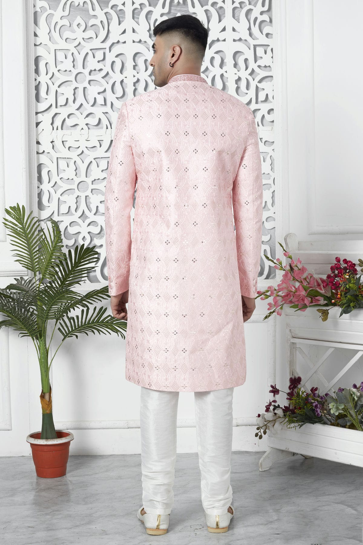 Baby Pink Colour Art Silk Sherwani With Churidar Pant