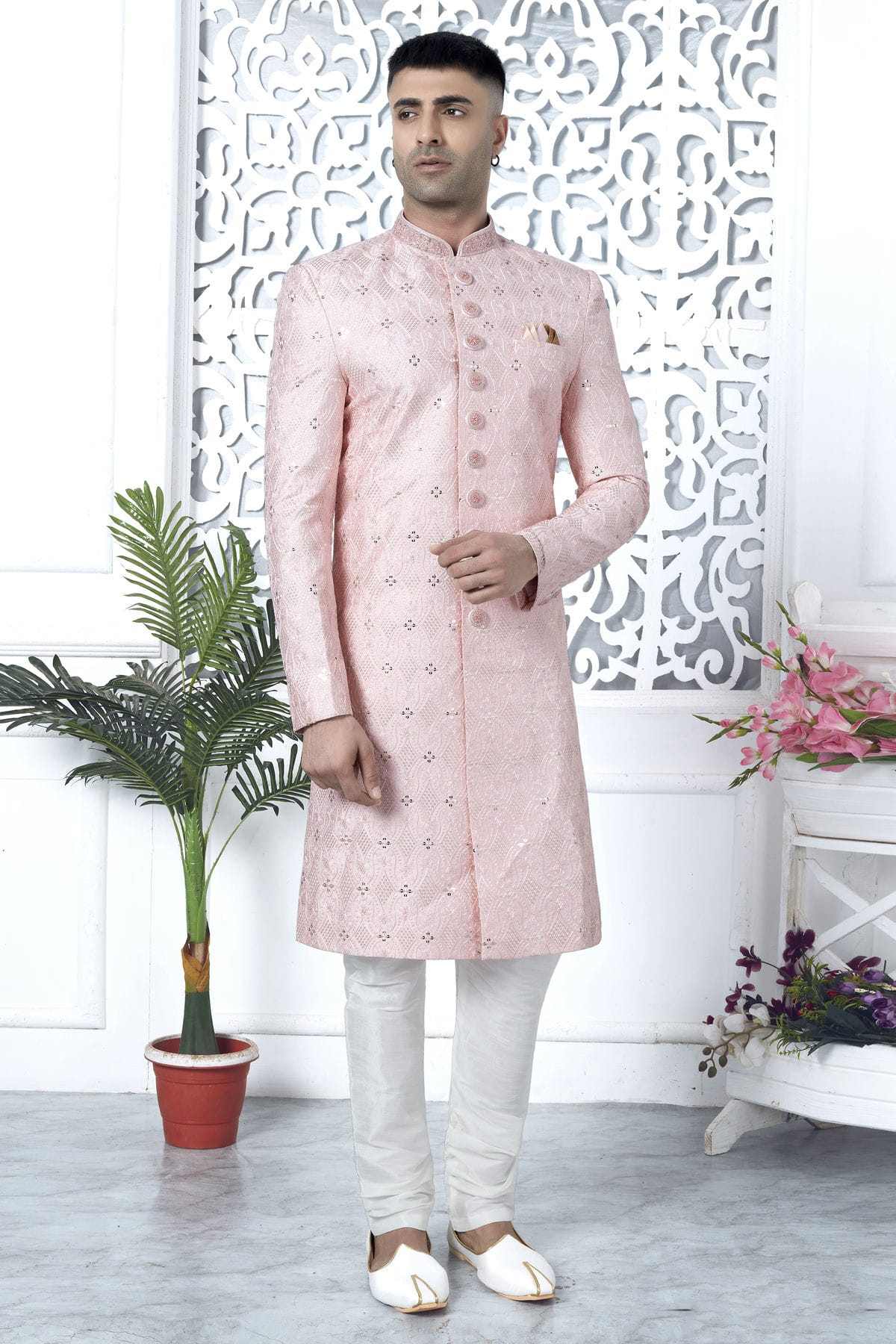 Baby Pink Colour Art Silk Sherwani With Churidar Pant