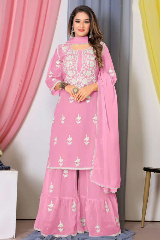 Baby Pink Colour Bamber Georgette Sharara Suit