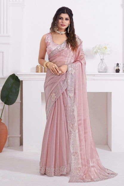 Baby Pink Colour Burberry Silk Designer Saree