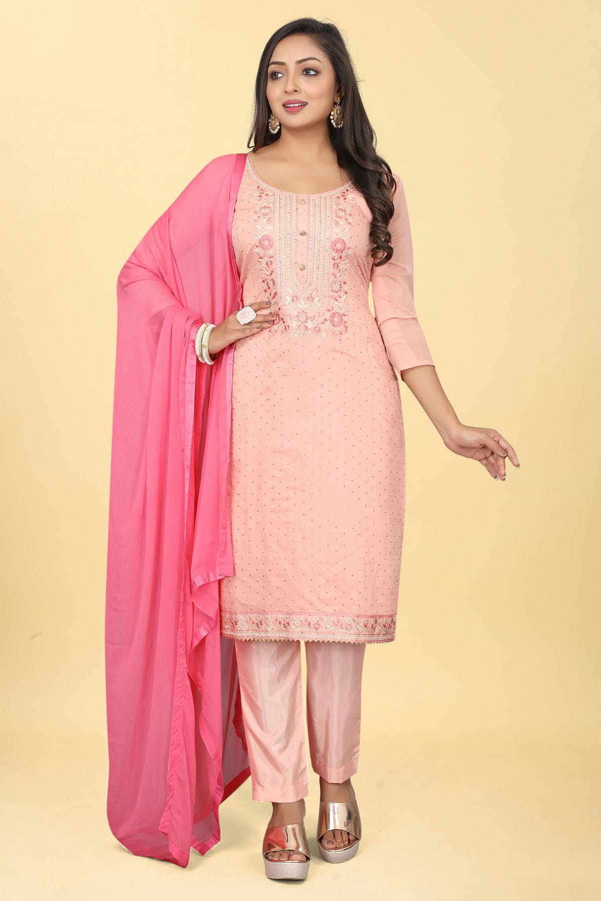 Baby Pink Colour Chanderi Silk Pant Style Suit