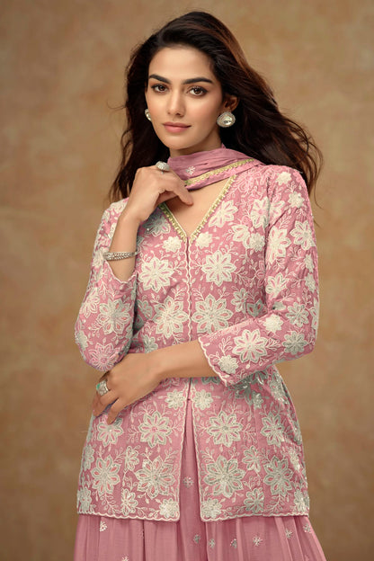 Baby Pink Colour Chinon Palazzo Pant Suit