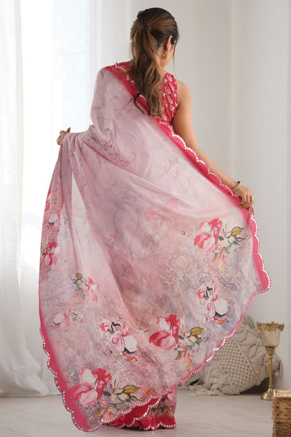 Baby Pink Colour Chinon Printed Saree