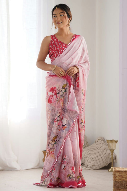 Baby Pink Colour Chinon Printed Saree