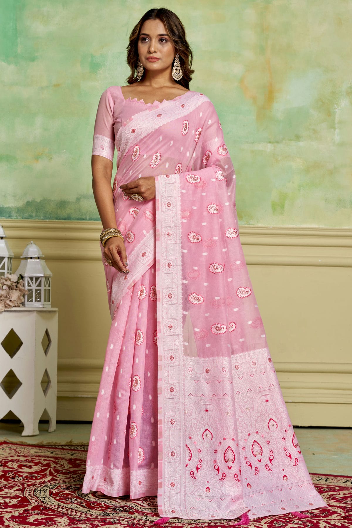 Baby Pink Colour Cotton Traditional Saree