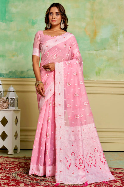 Baby Pink Colour Cotton Traditional Saree