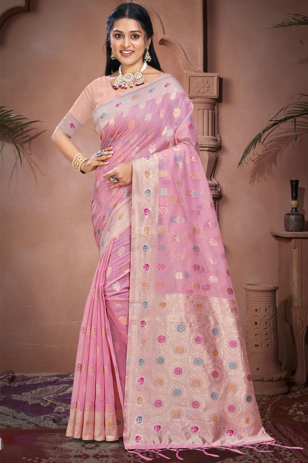 Baby Pink Colour Cotton Woven Work Traditional Saree