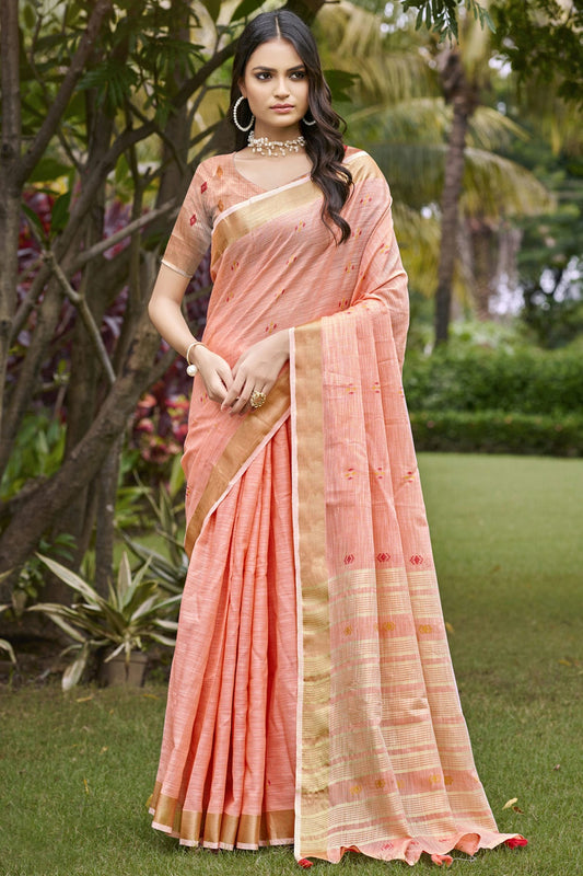 Baby Pink Colour Cotton Woven Work Traditional Saree