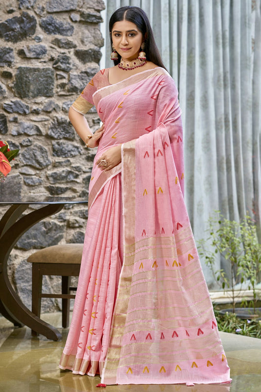 Baby Pink Colour Cotton Woven Work Traditional Saree