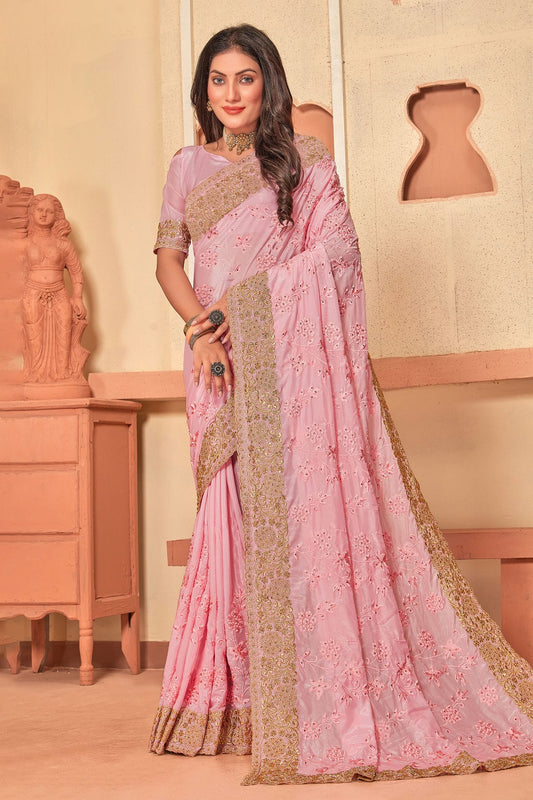 Baby Pink Colour Crepe Silk Designer Saree