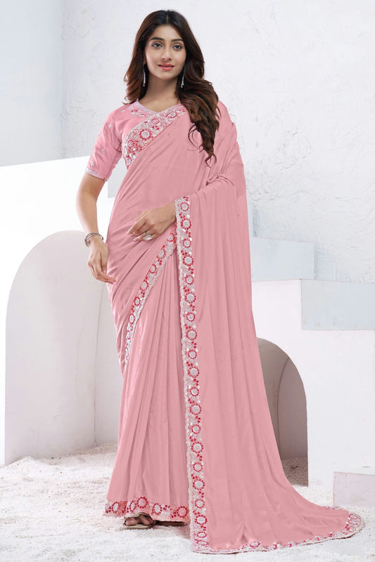 Baby Pink Colour Crepe Silk Designer Saree