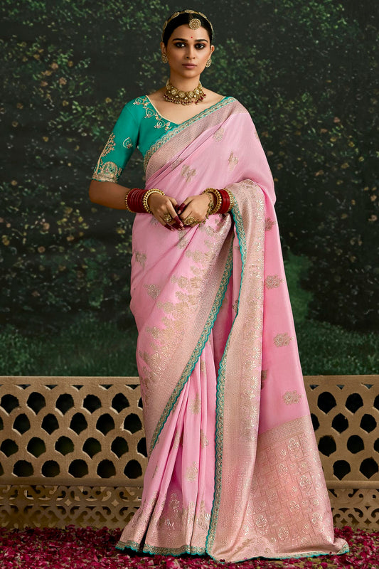 Baby Pink Colour Dola Silk Designer Saree