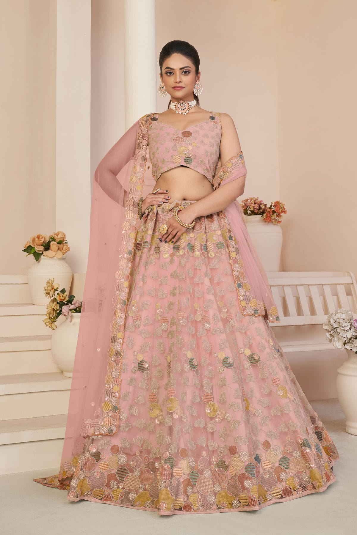 Baby Pink Colour Embroidery Net Lehenga Choli