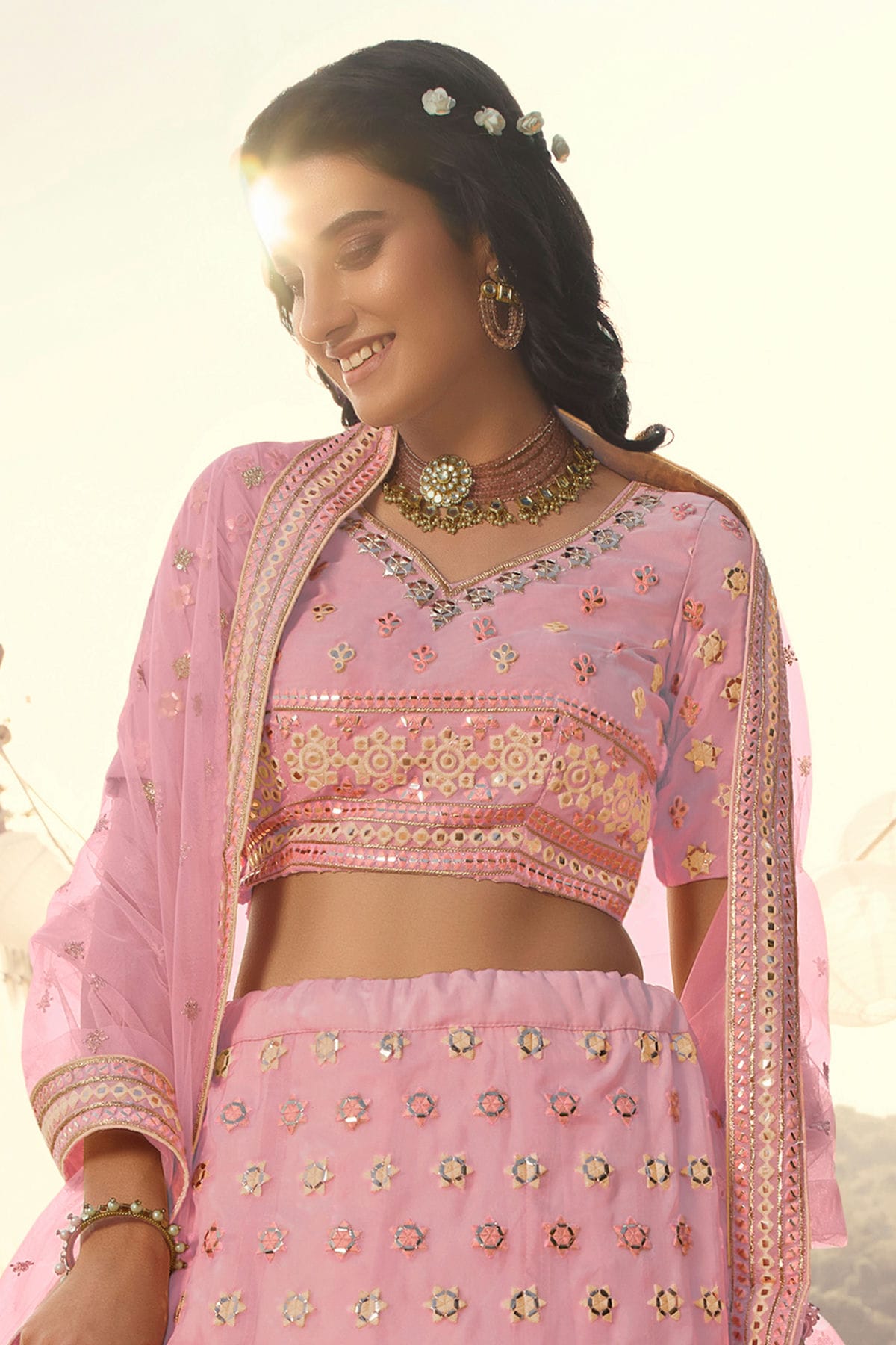 Baby Pink Colour Embroidery Organza Lehenga Choli