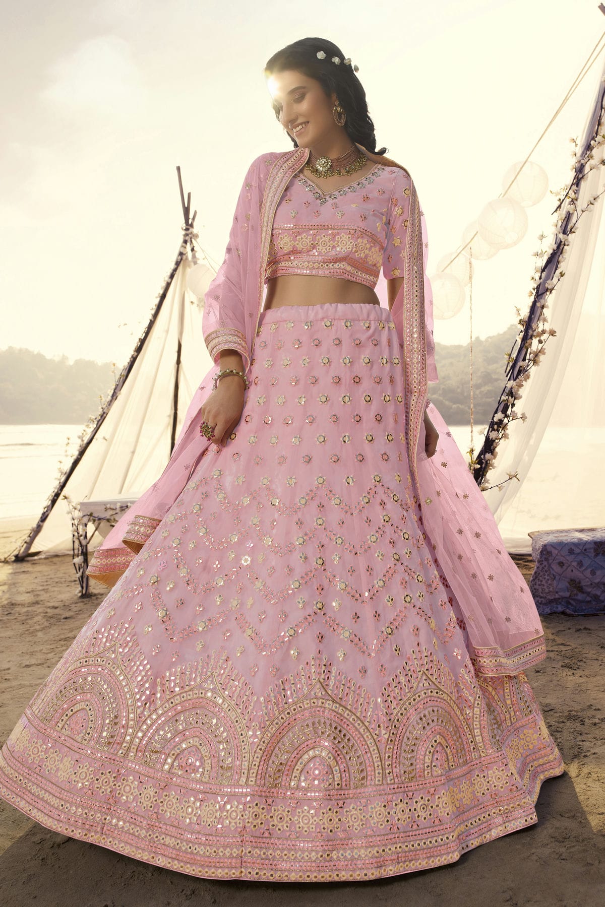 Baby Pink Colour Embroidery Organza Lehenga Choli