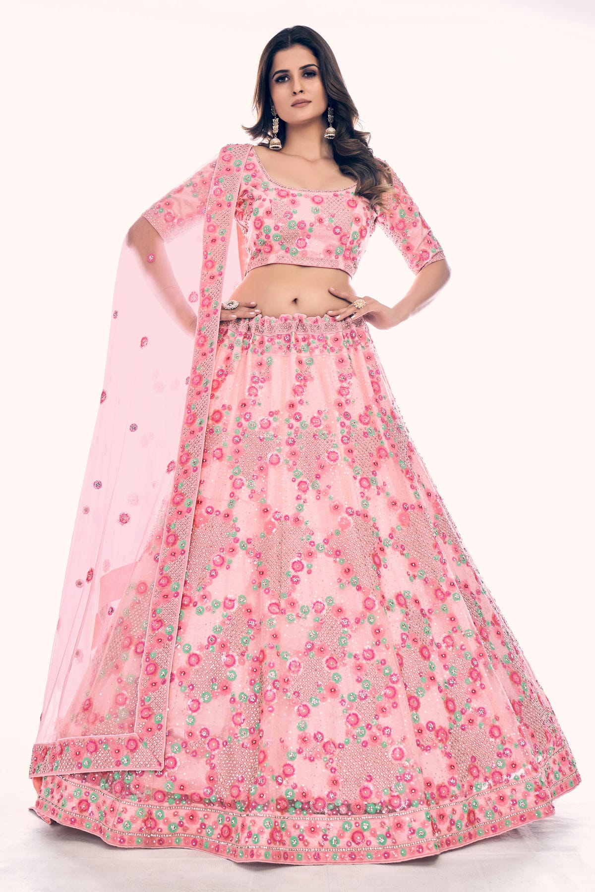 Baby Pink Colour Embroidery Soft Net Lehenga Choli