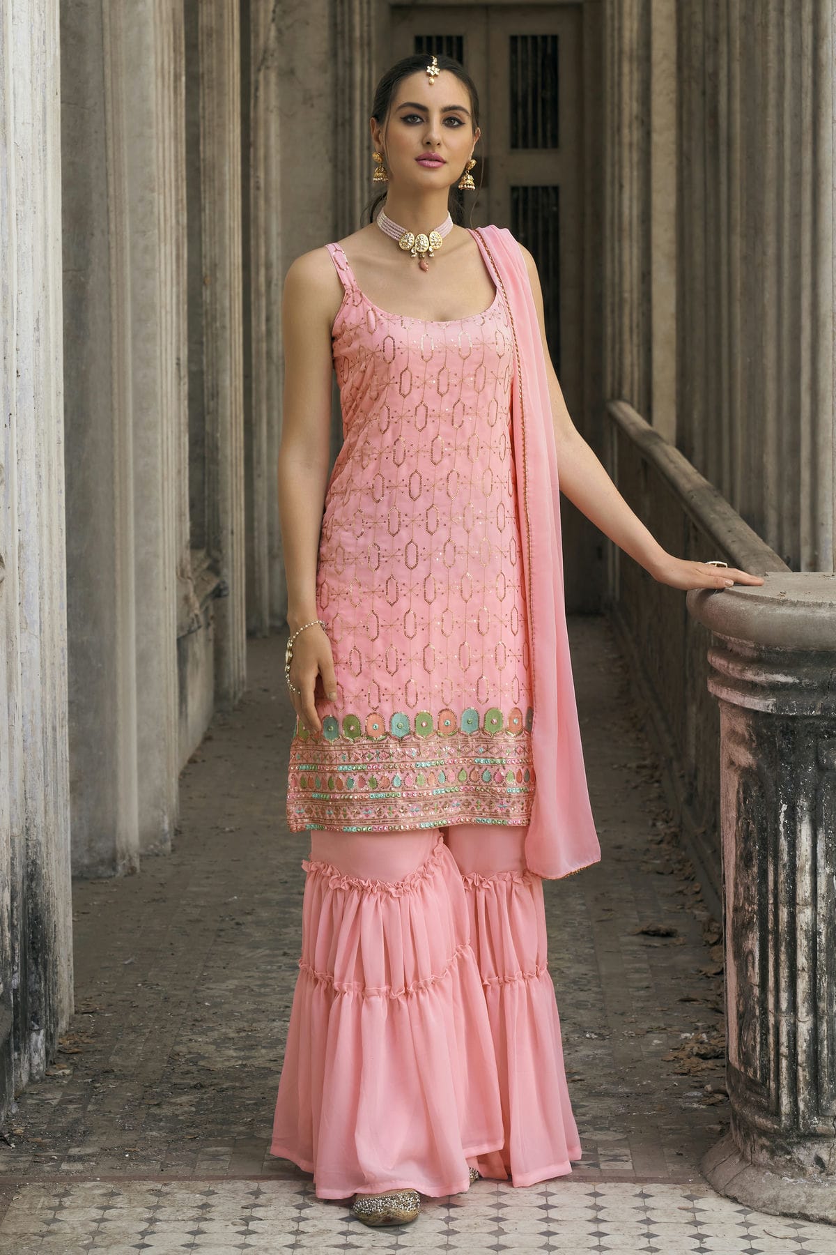 Baby Pink Colour Faux Georgette Sharara Suit