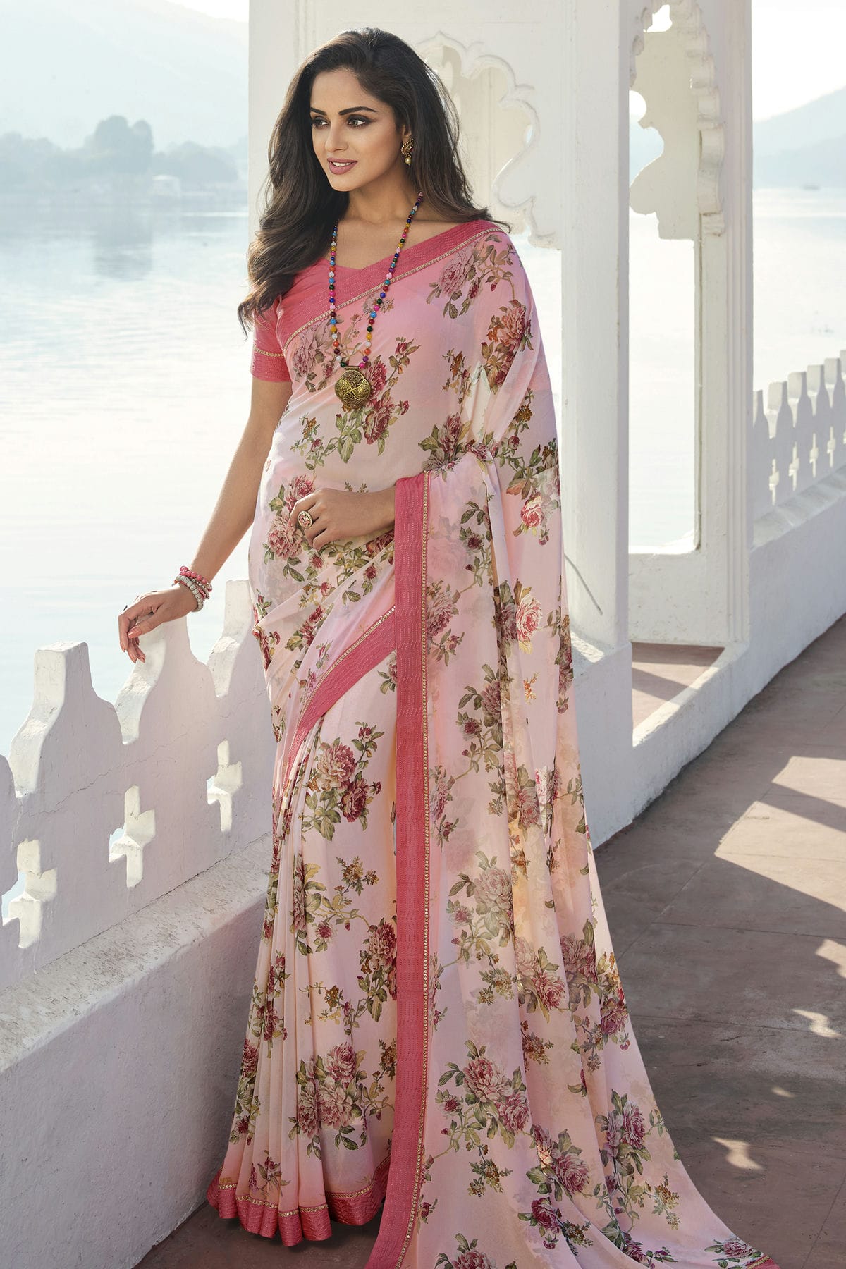 Baby Pink Colour Georgette Printed Saree