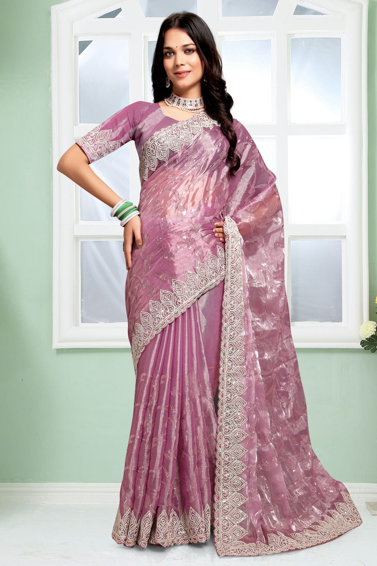 Baby Pink Colour Jimmy Choo Silk Designer Saree