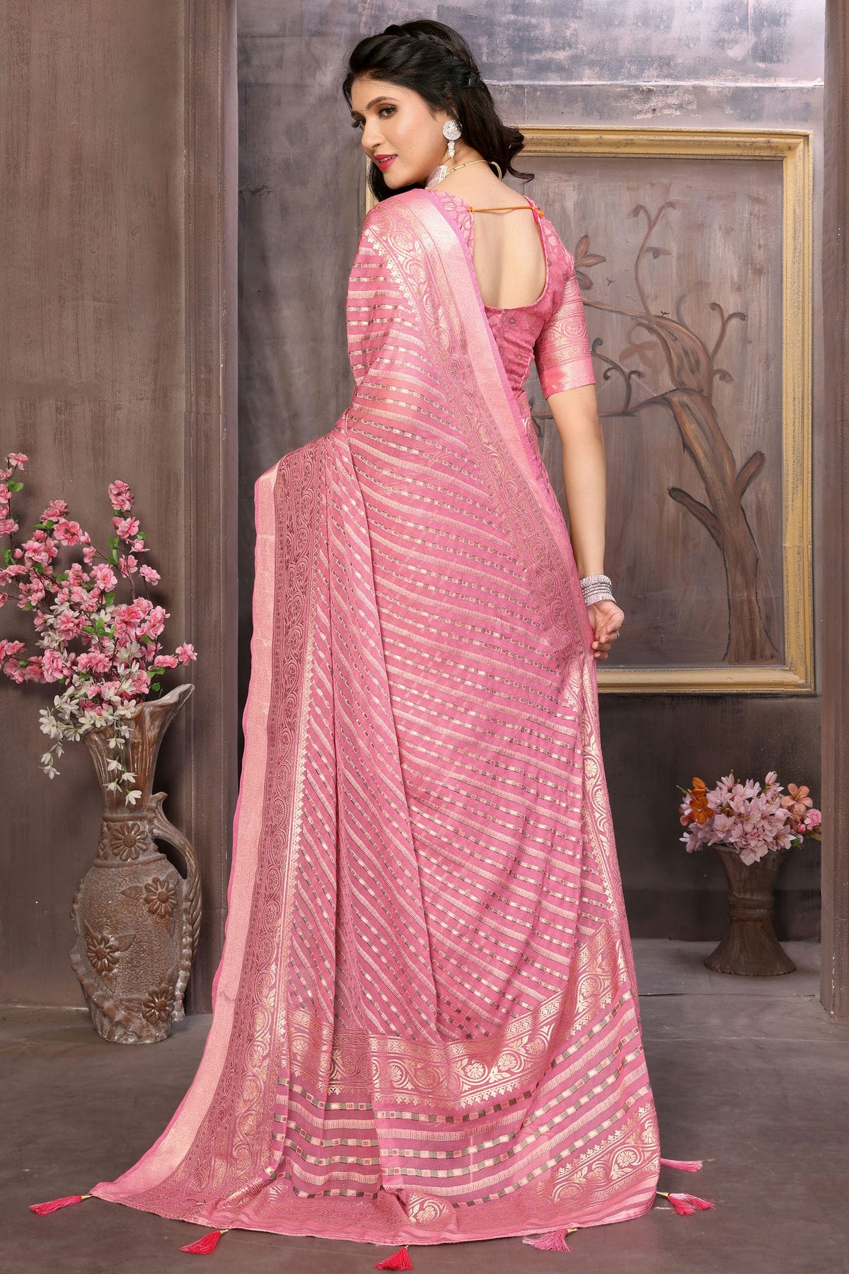 Baby Pink Colour Moss Brasso Traditional Saree