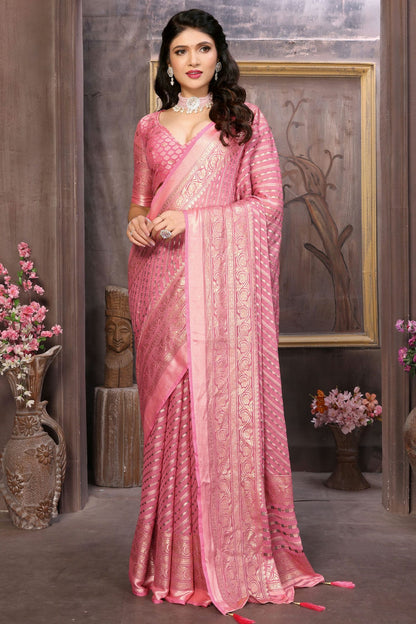 Baby Pink Colour Moss Brasso Traditional Saree