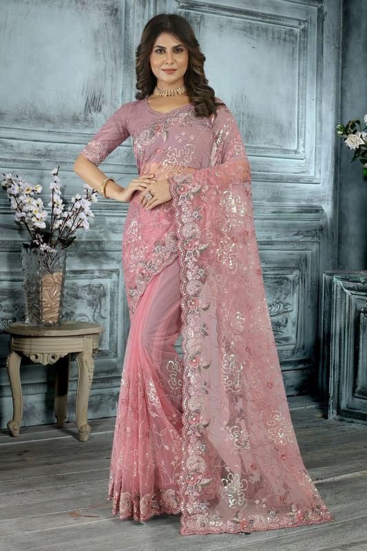 Baby Pink Colour Net Designer Saree