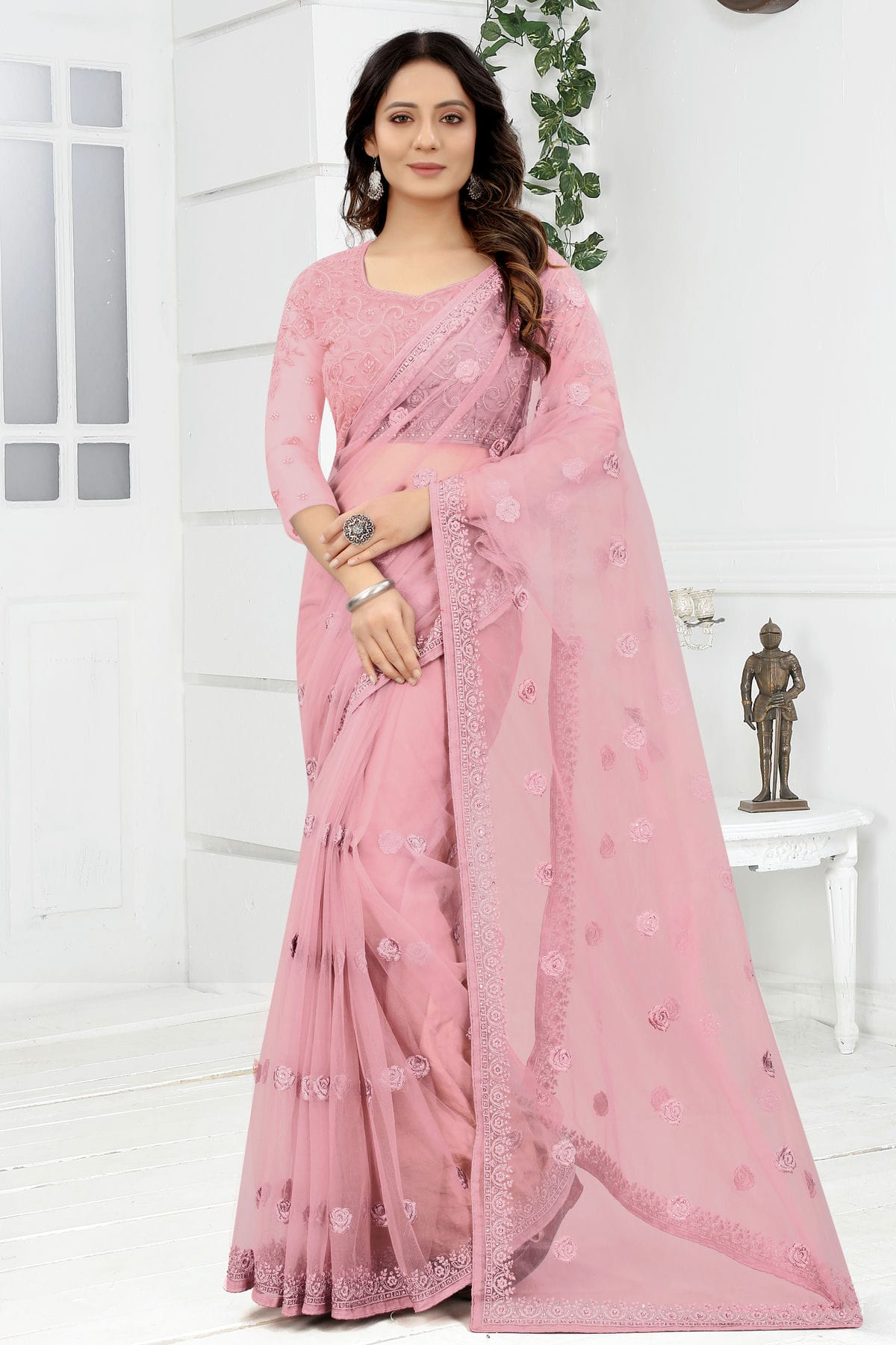 Baby Pink Colour Net Designer Saree