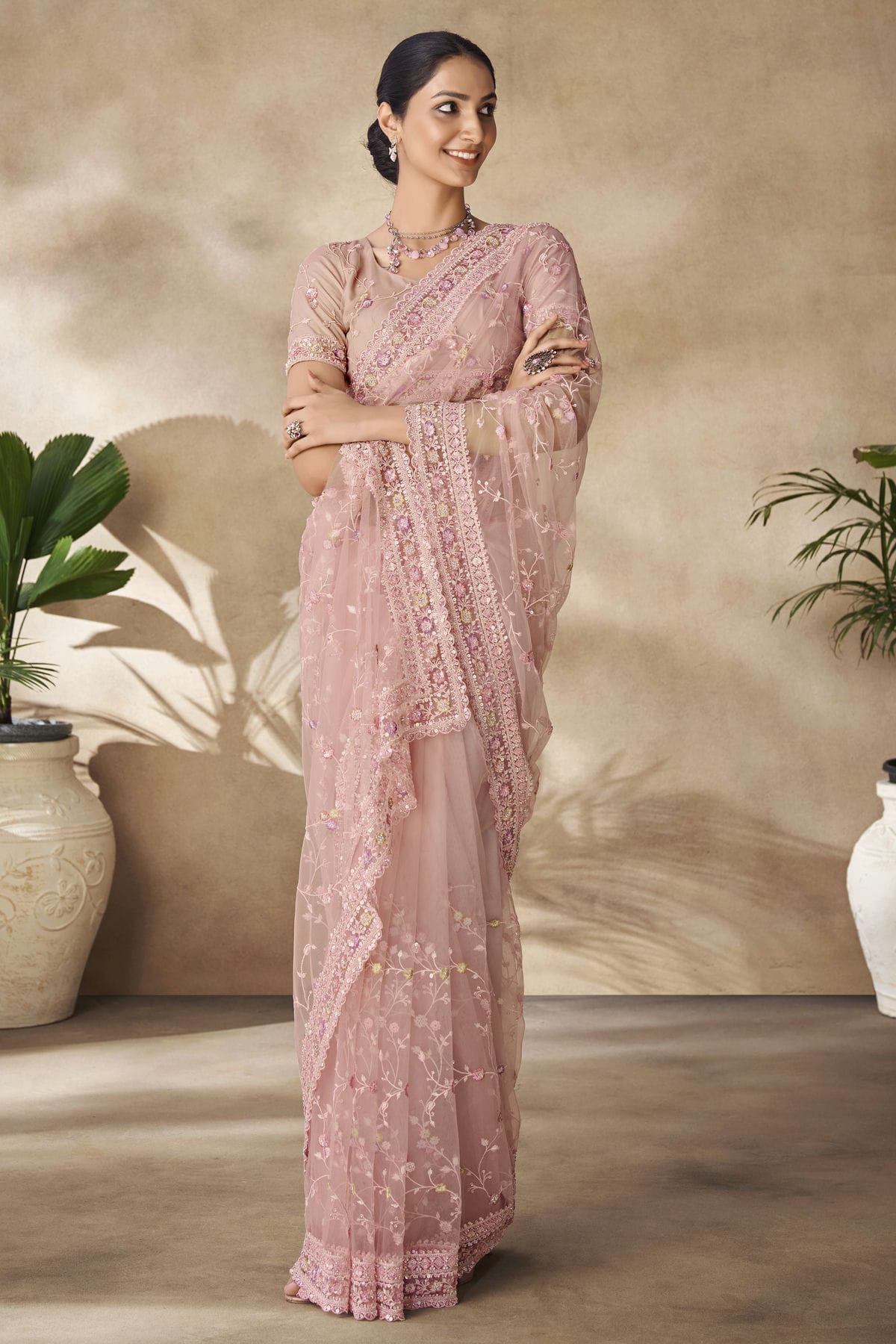 Baby Pink Colour Net Designer Saree