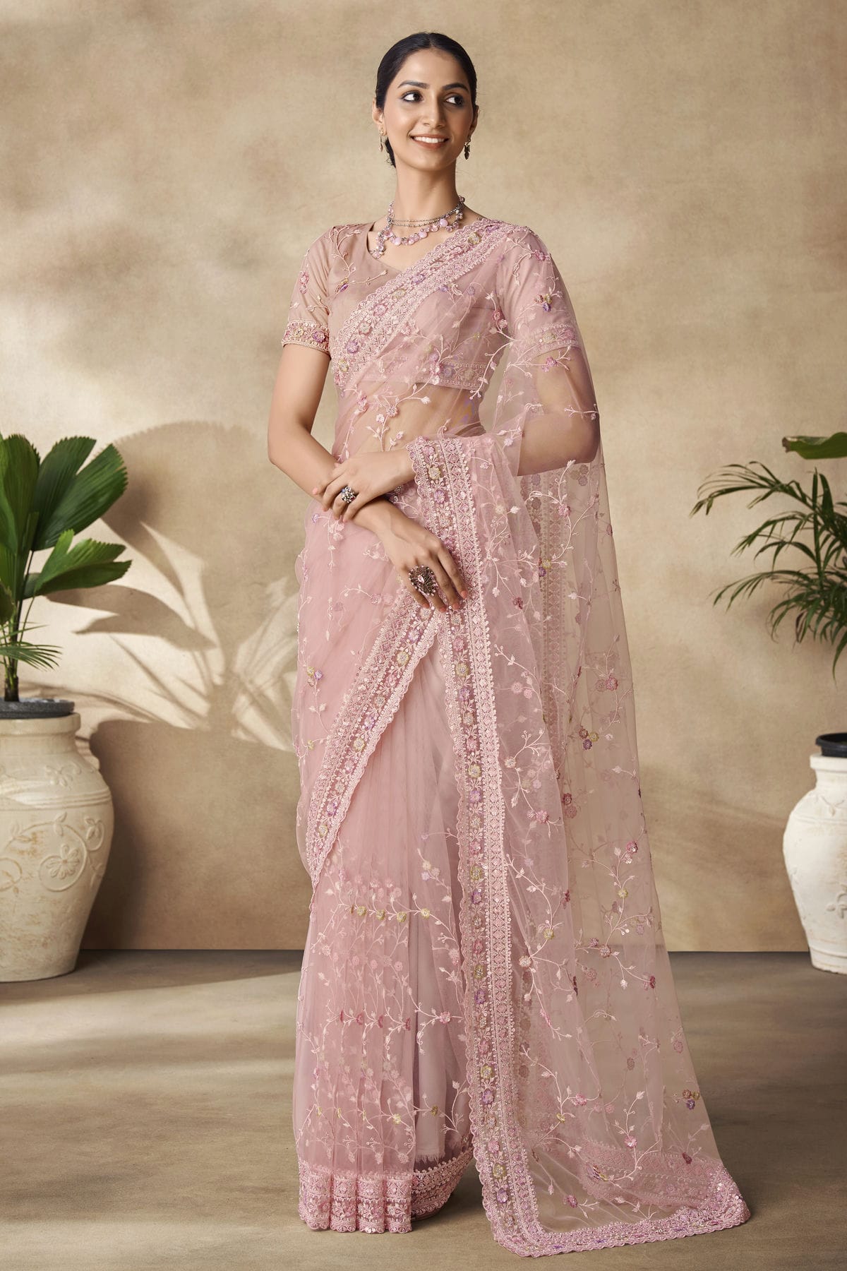 Baby Pink Colour Net Designer Saree