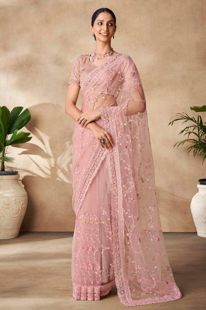 Baby Pink Colour Net Designer Saree