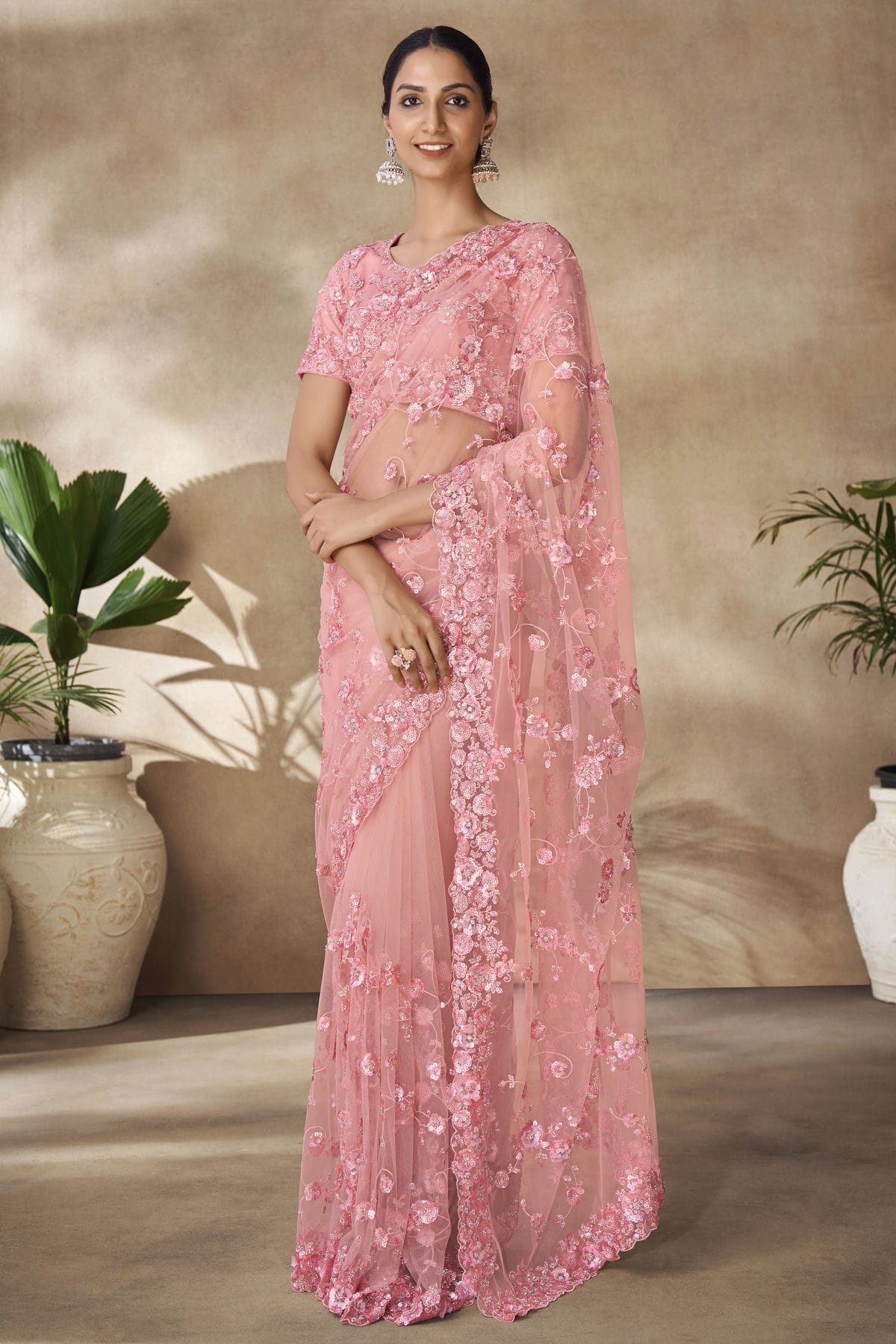 Baby Pink Colour Net Designer Saree