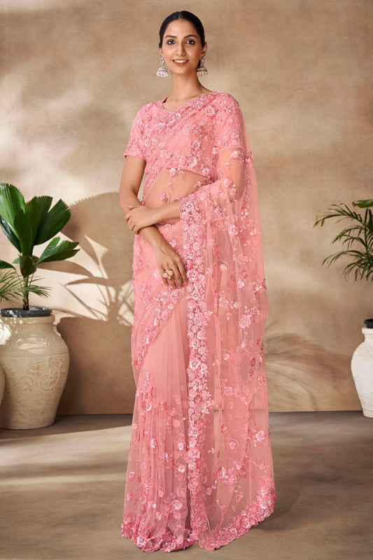 Baby Pink Colour Net Designer Saree