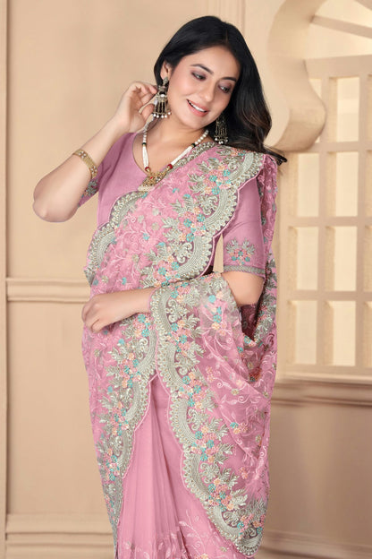 Baby Pink Colour Net Designer Saree