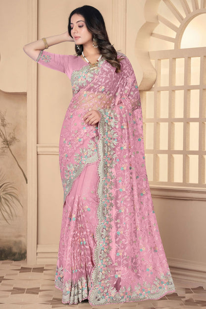 Baby Pink Colour Net Designer Saree