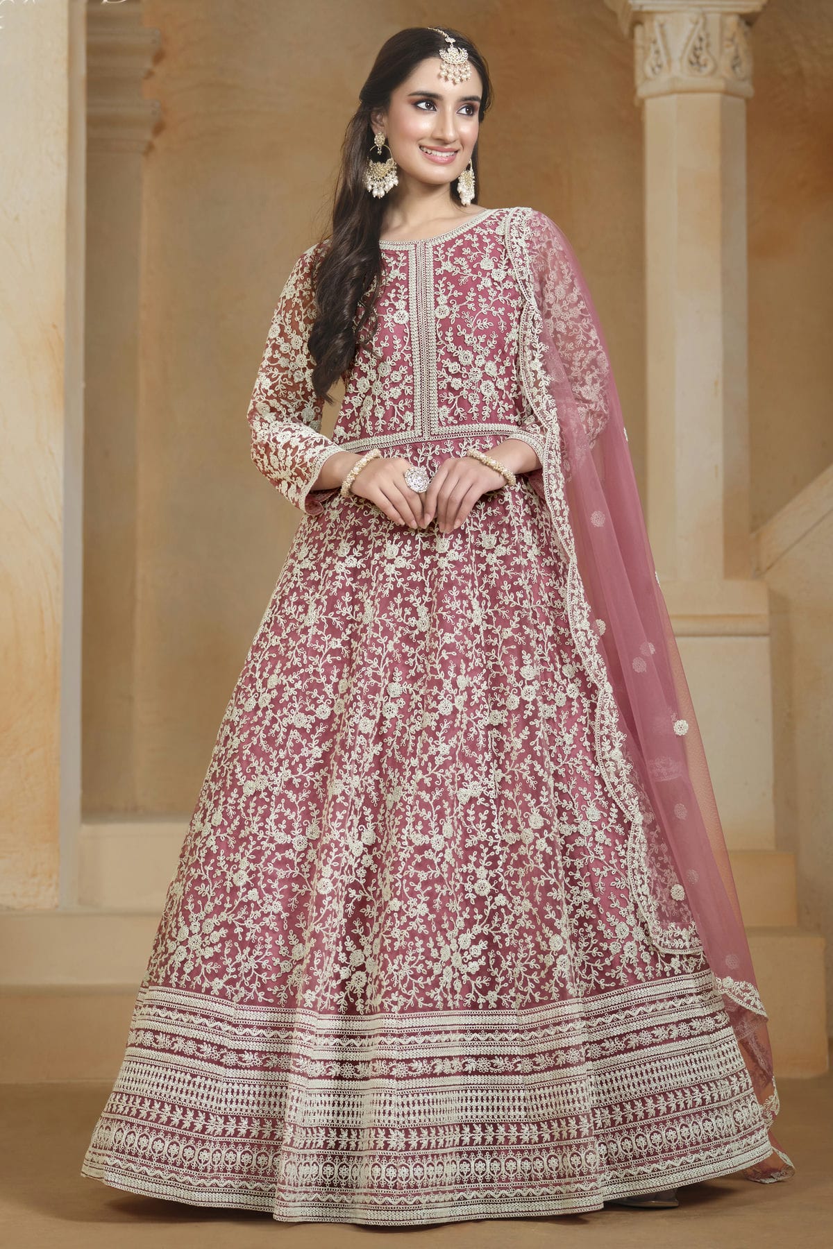 Baby Pink Colour Net Semi Stitched Anarkali Suit