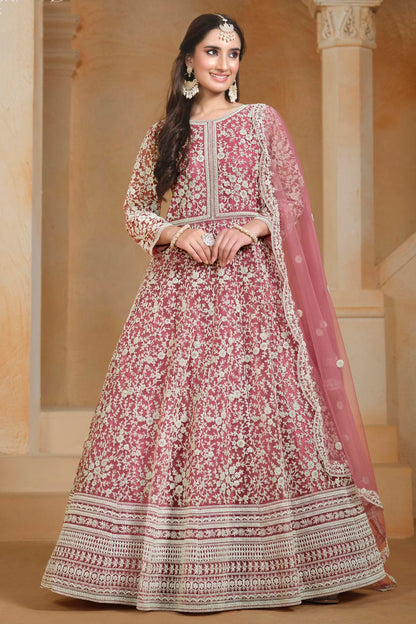 Baby Pink Colour Net Semi Stitched Anarkali Suit