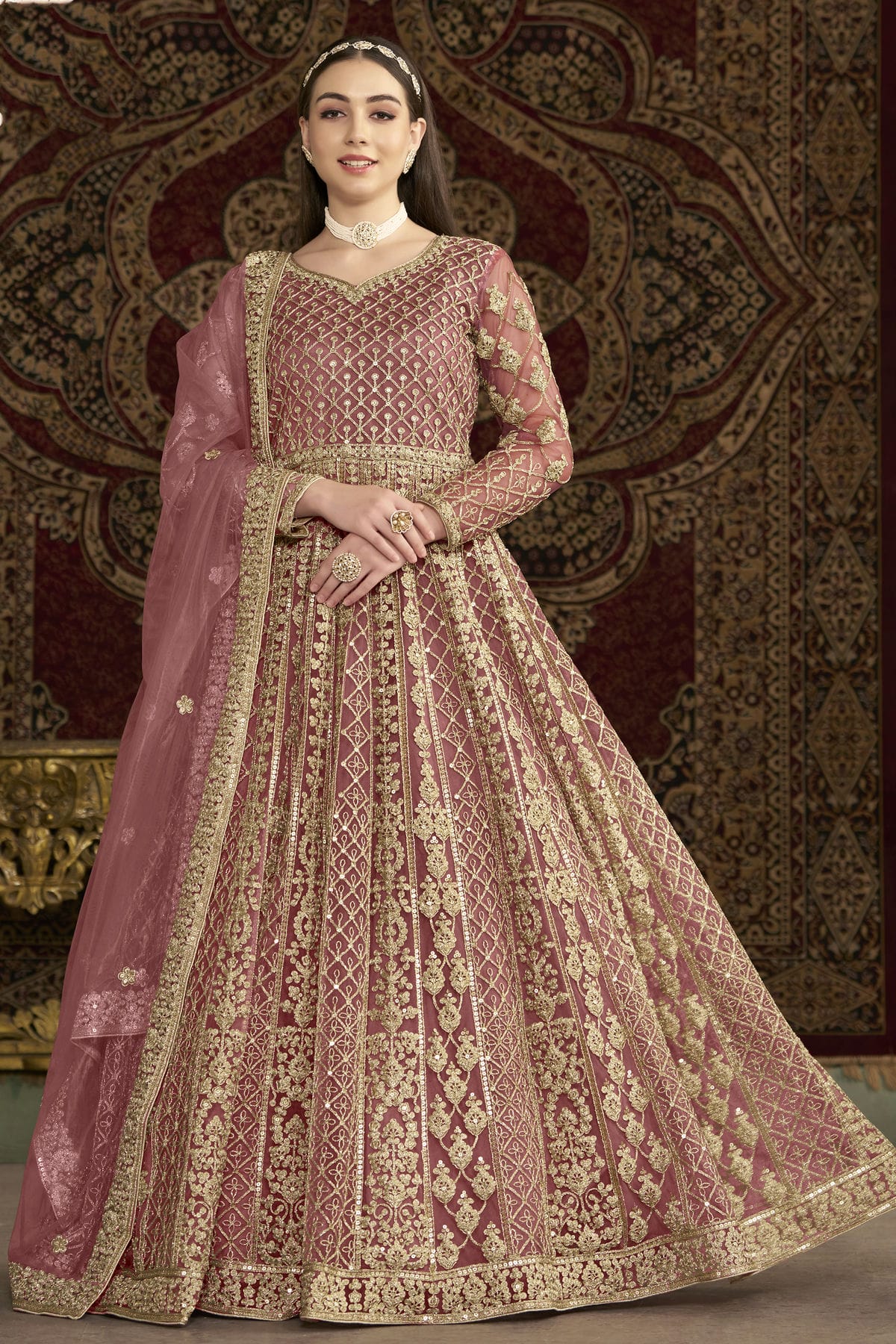 Baby Pink Colour Net Semi Stitched Anarkali Suit