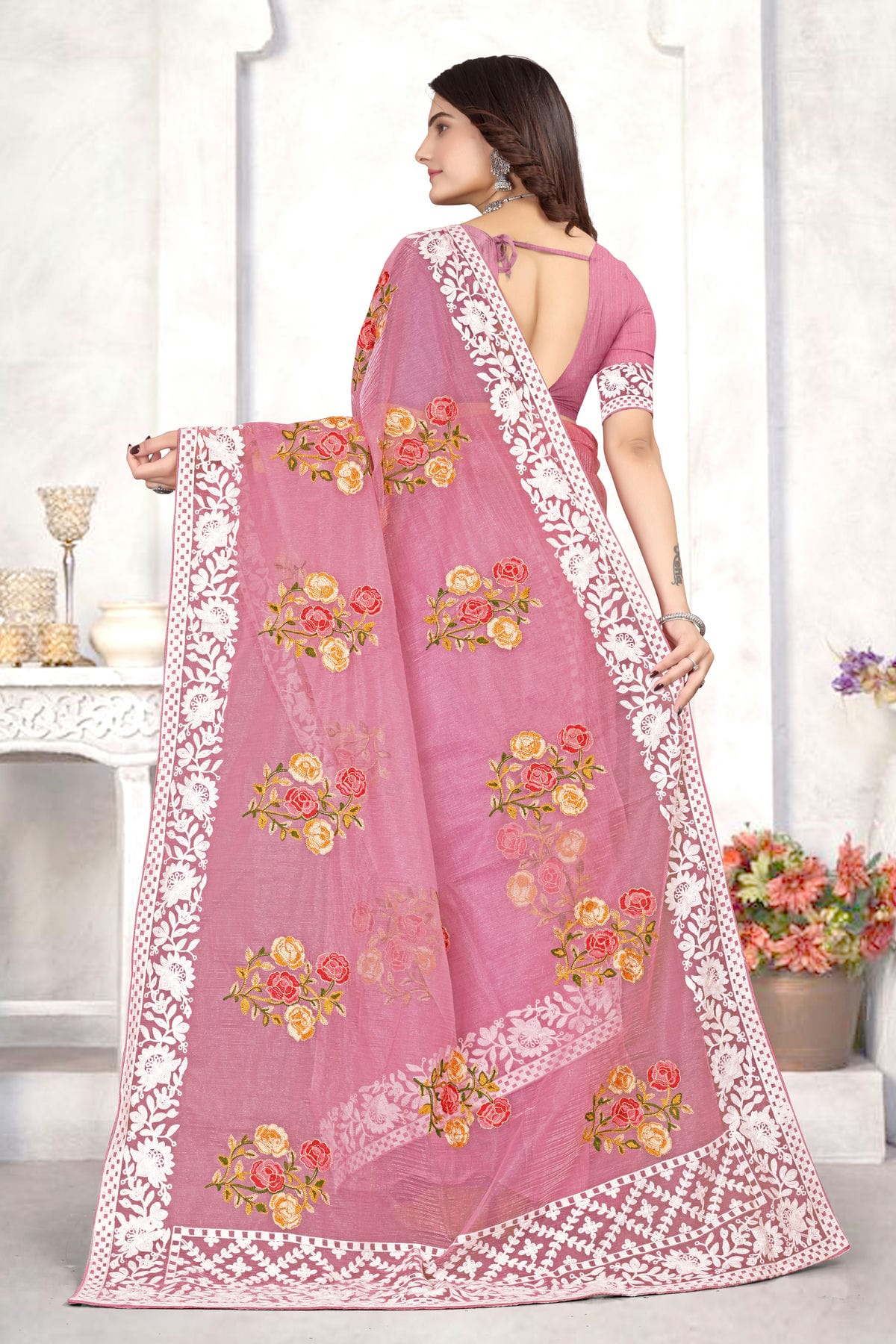 Baby Pink Colour Organza Designer Saree