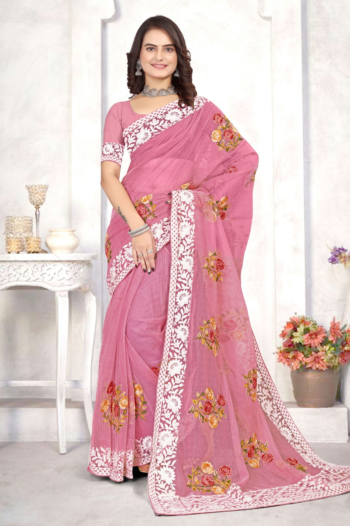 Baby Pink Colour Organza Designer Saree