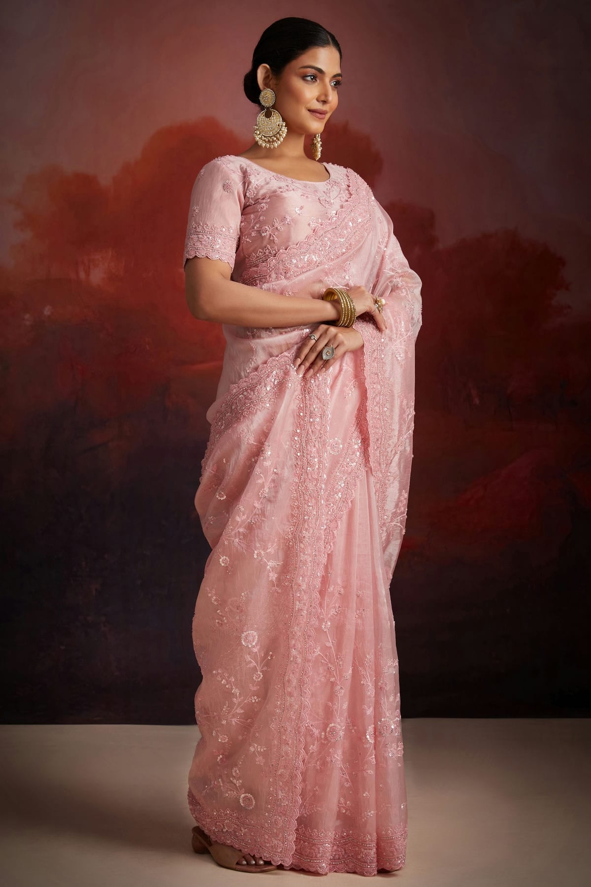 Baby Pink Colour Organza Designer Saree