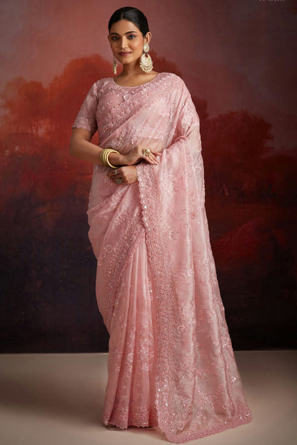 Baby Pink Colour Organza Designer Saree