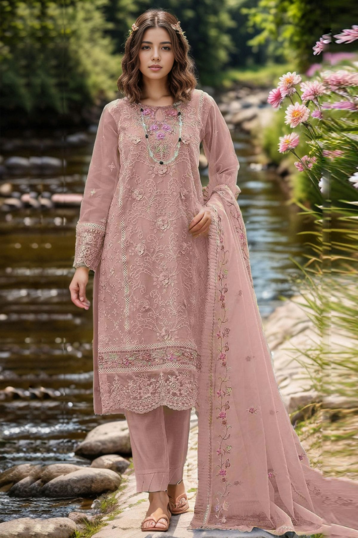 Baby Pink Colour Organza Semi Stitched Pakistani Suit