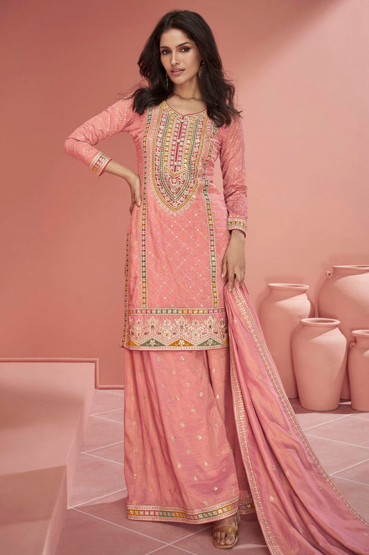 Baby Pink Colour Organza Simar Silk Palazzo Pant Suit